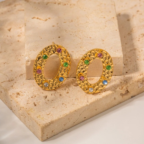 18K Gold Plated Textured Circle Earrings*Multi Color Zircon Earrings*Colorful - Picture 4 of 7